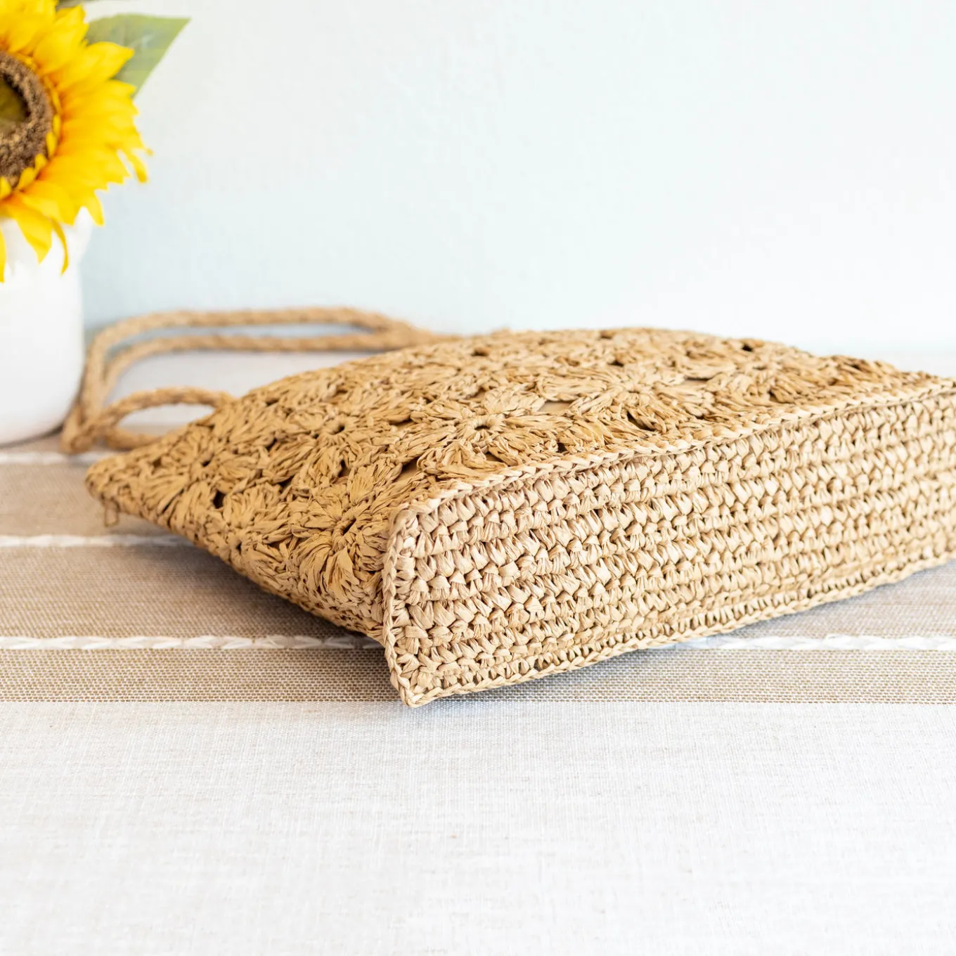 Elena Handbags Straw Woven Tote with Floral Design