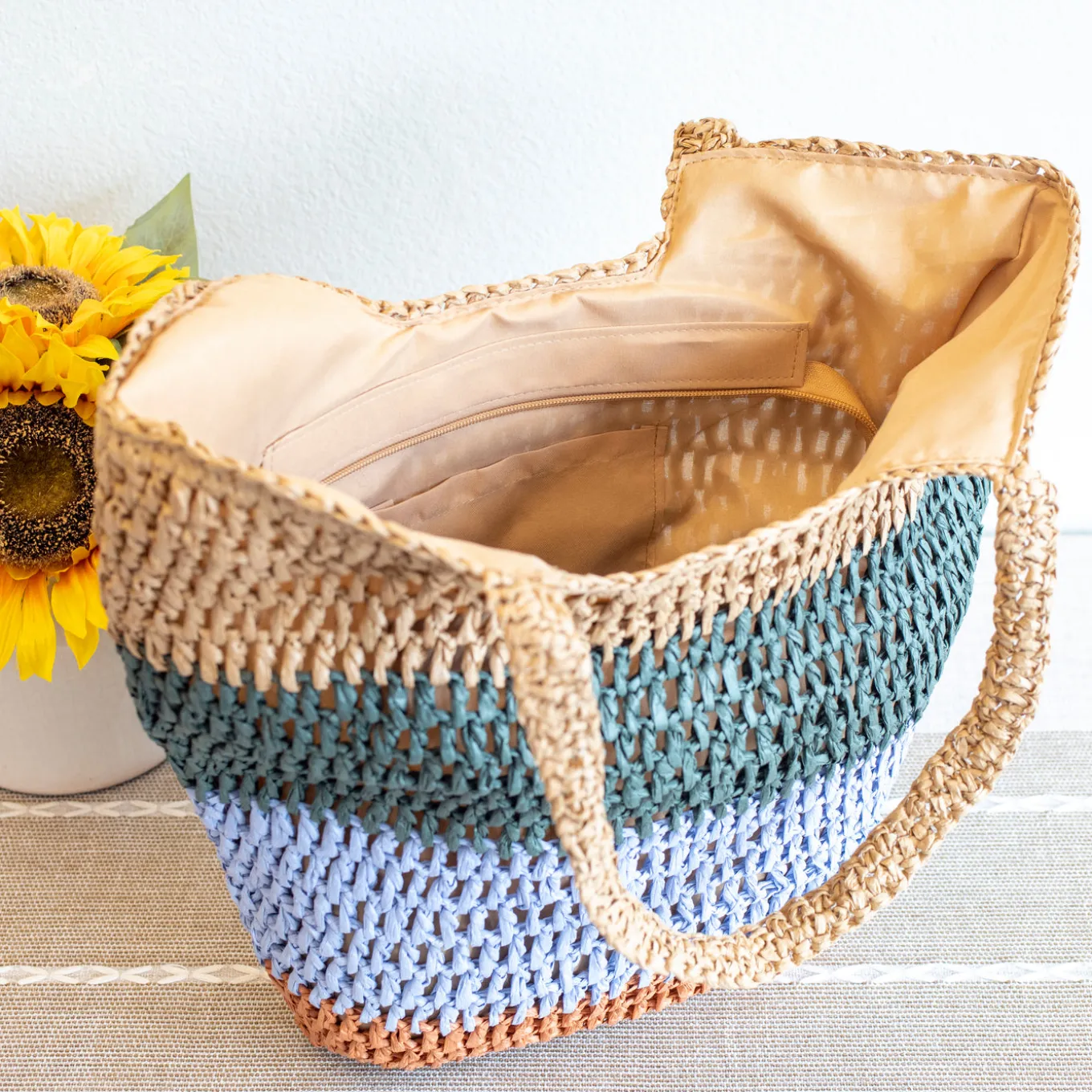 Elena Handbags Straw Woven Summer Color Block Tote