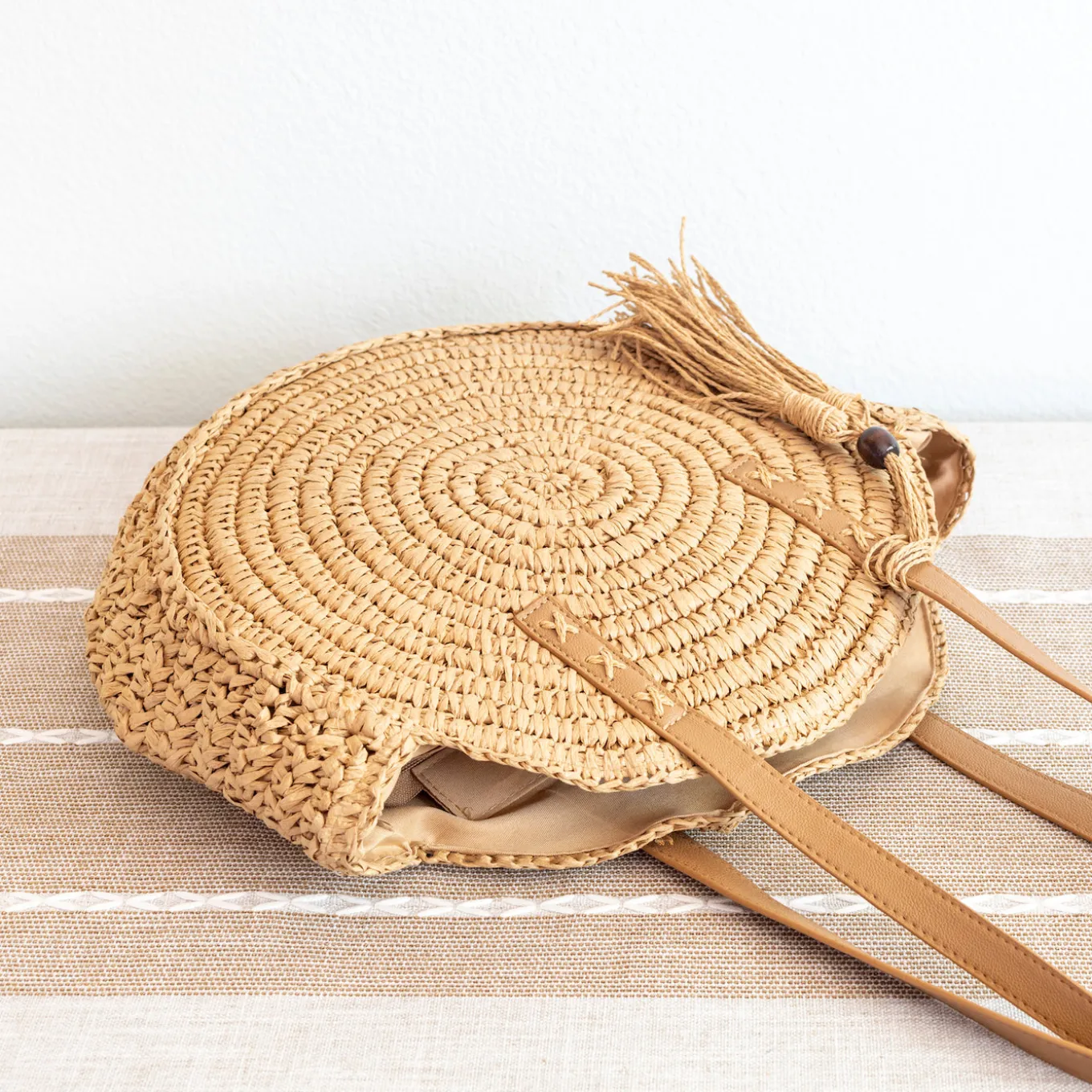 Elena Handbags Straw Woven Round Tote with Leather Strap and Tassel
