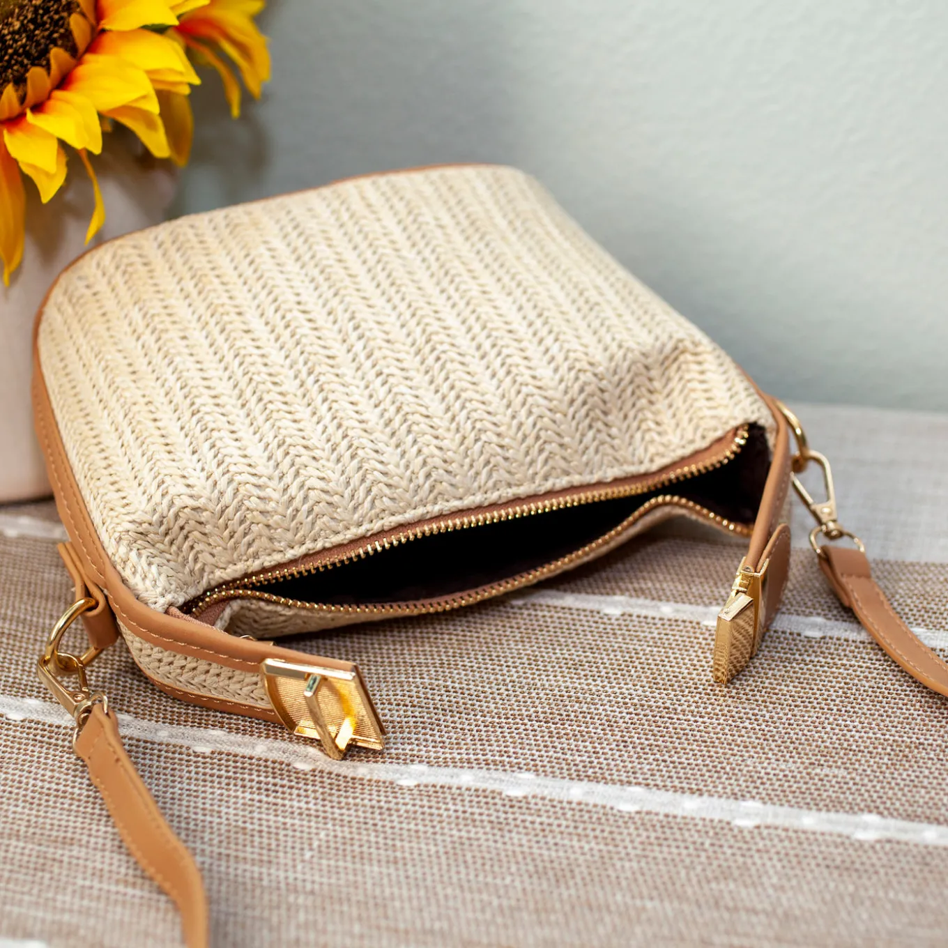 Elena Handbags Straw Woven Purse with Leather Accent