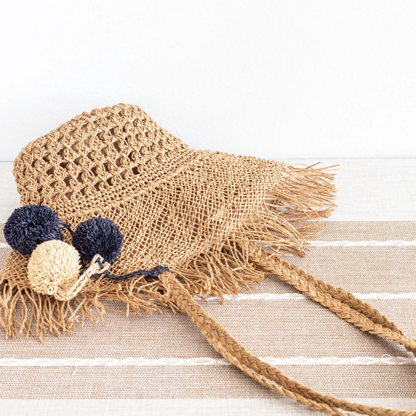 Elena Handbags Straw Woven Hat Shape Tote with Pom Pom