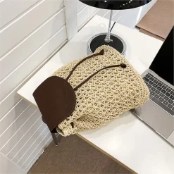 Elena Handbags Straw Woven Backpack with Leather Strap and Flap