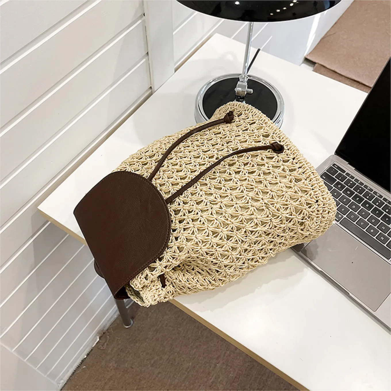 Elena Handbags Straw Woven Backpack with Leather Strap and Flap