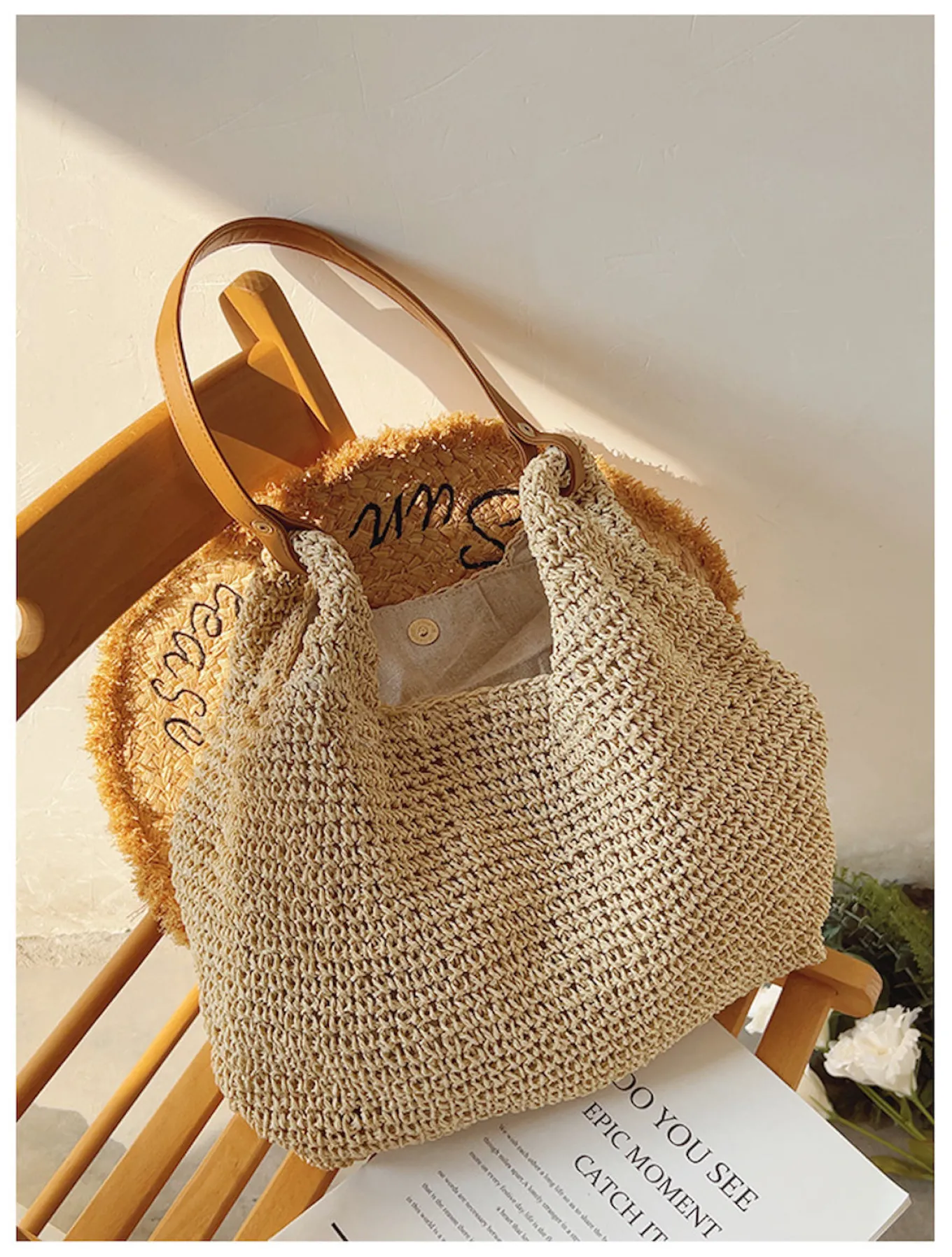 Elena Handbags Straw Woven Tote with Leather Straps