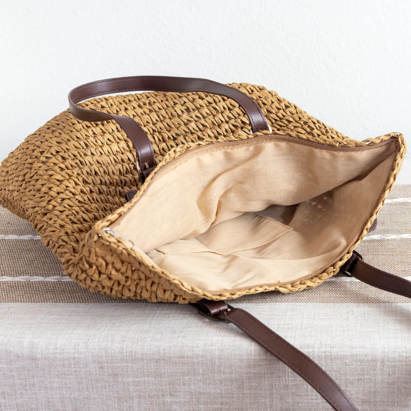 Elena Handbags Straw Woven Tote Bag with Leather Strap