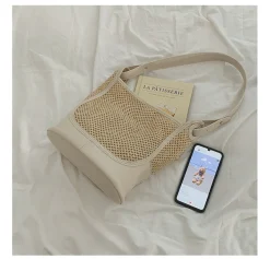 Elena Handbags Straw Woven Work Shoulder Bag with Leather Accent
