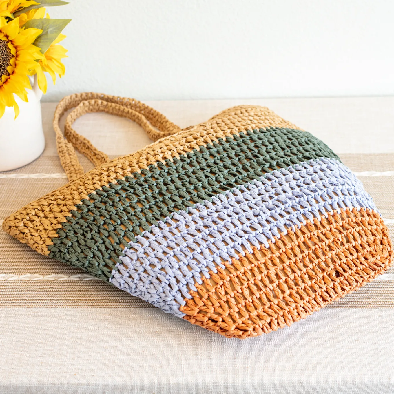 Elena Handbags Straw Woven Summer Color Block Tote