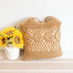 Elena Handbags Straw Woven Summer Fashion Bag with Floral Designs