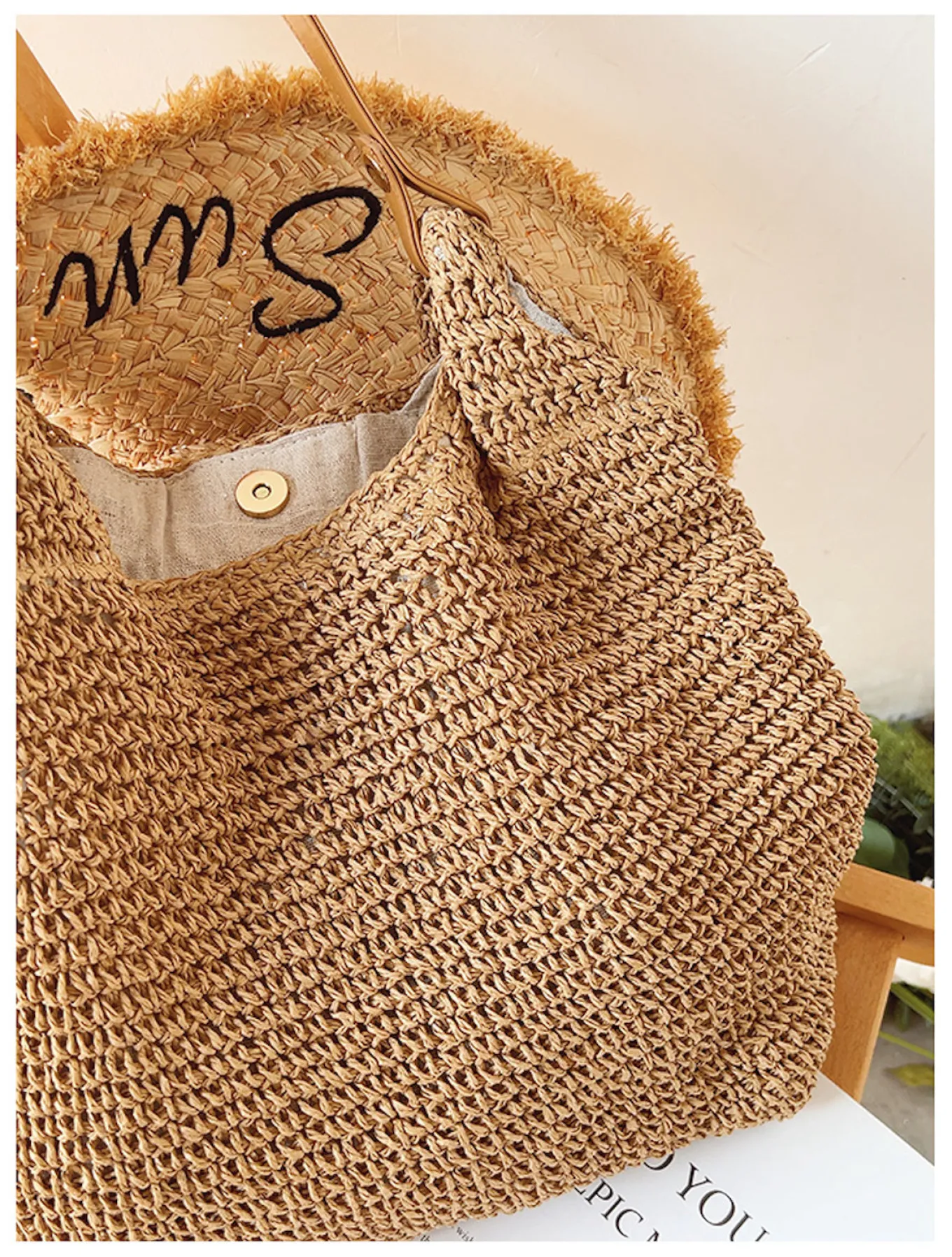 Elena Handbags Straw Woven Tote with Leather Straps