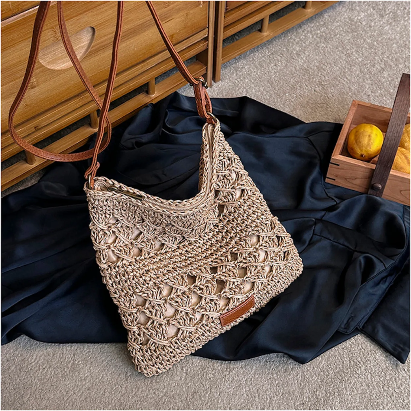Elena Handbags Straw Woven Crossbody Purse