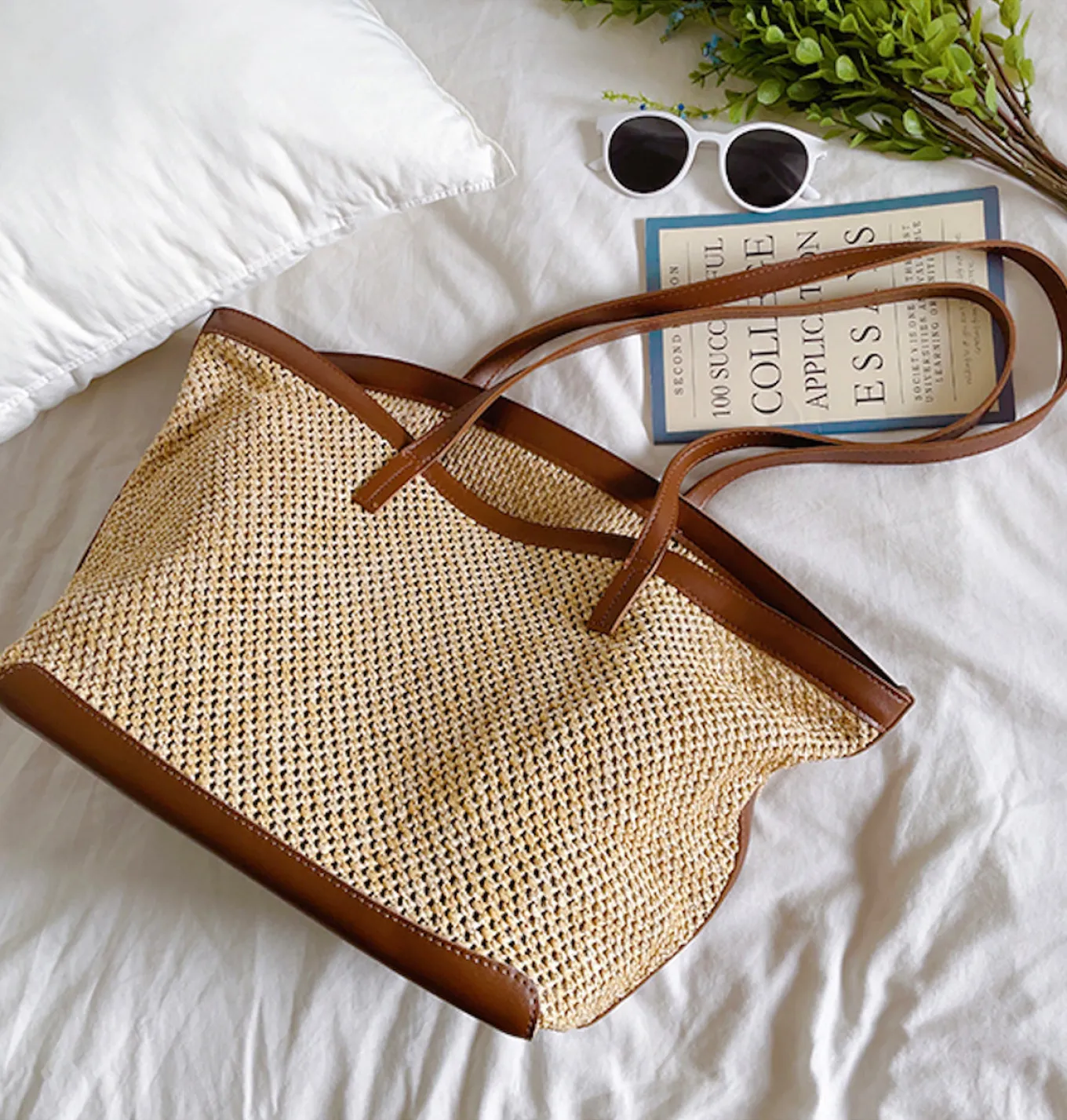Elena Handbags Straw Woven Tote Bag with Leather Trims