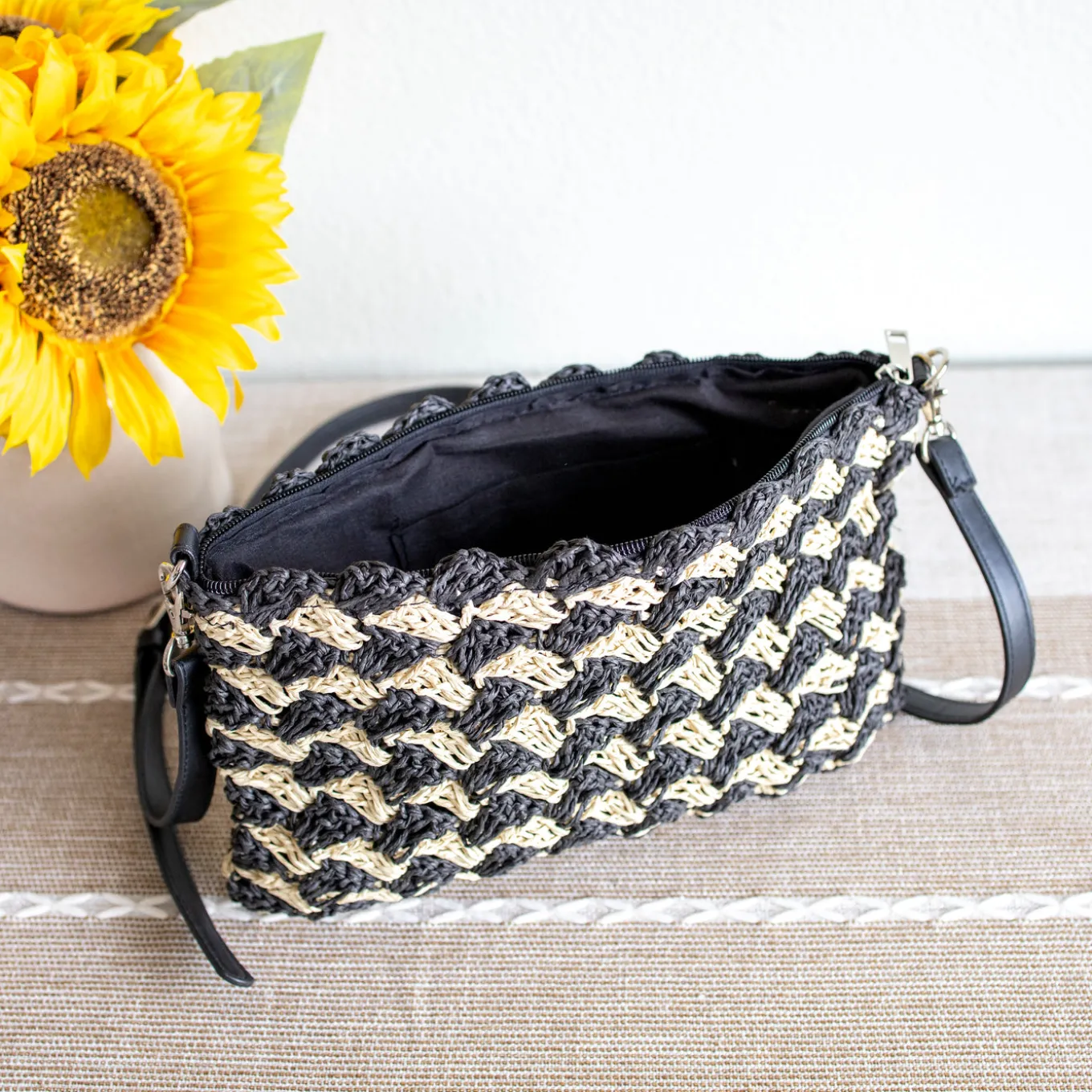Elena Handbags Straw Woven Striped Crossbody Bag