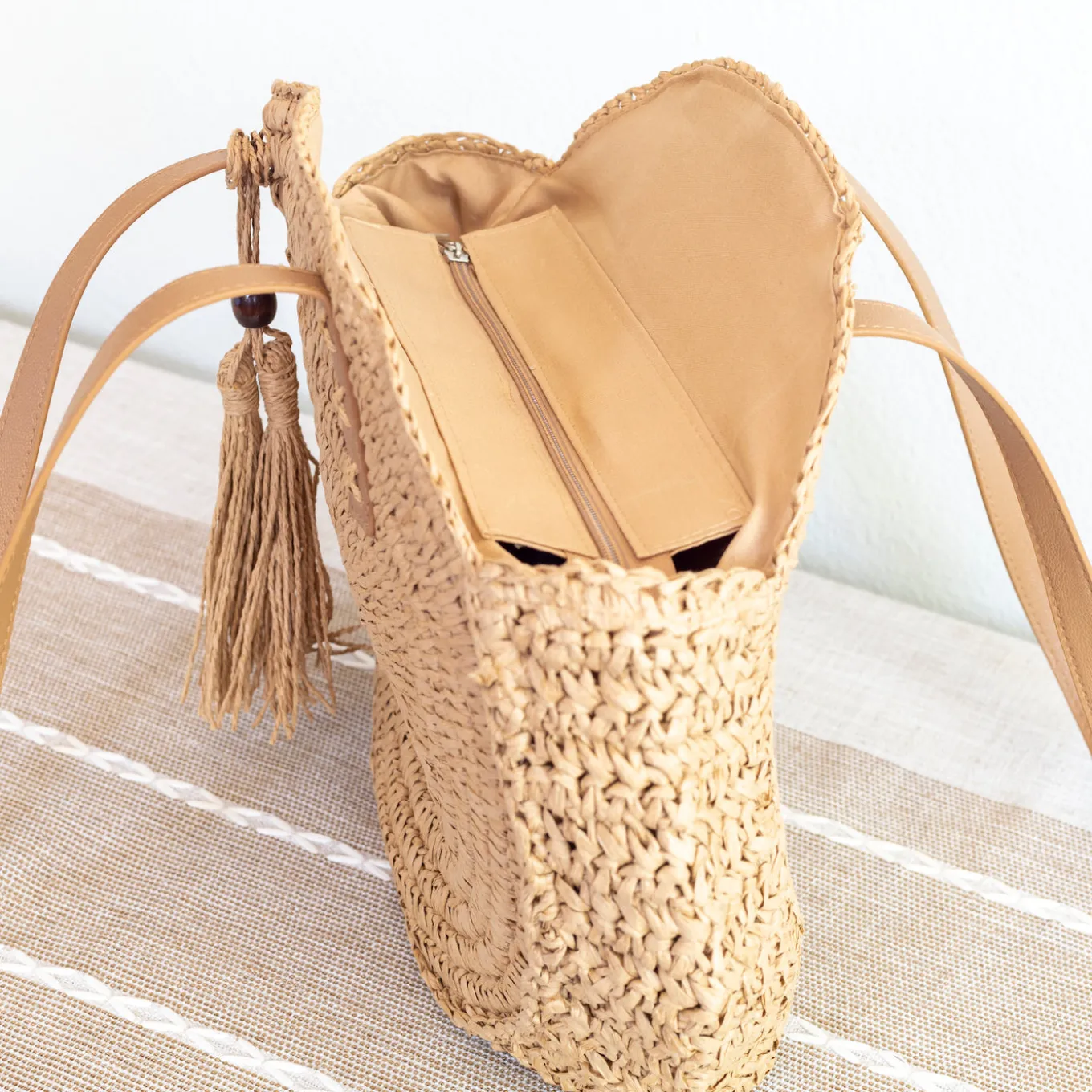 Elena Handbags Straw Woven Round Tote with Leather Strap and Tassel