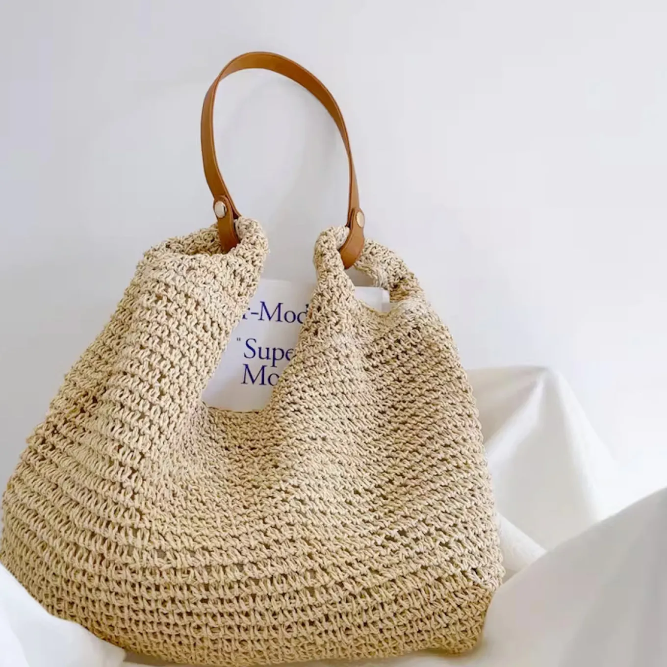Elena Handbags Straw Woven Tote with Leather Straps