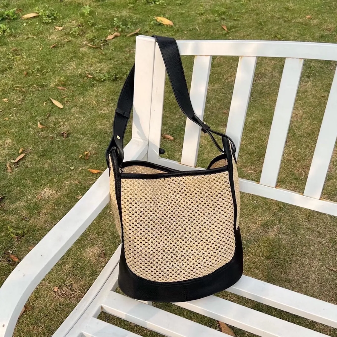 Elena Handbags Straw Woven Work Shoulder Bag with Leather Accent
