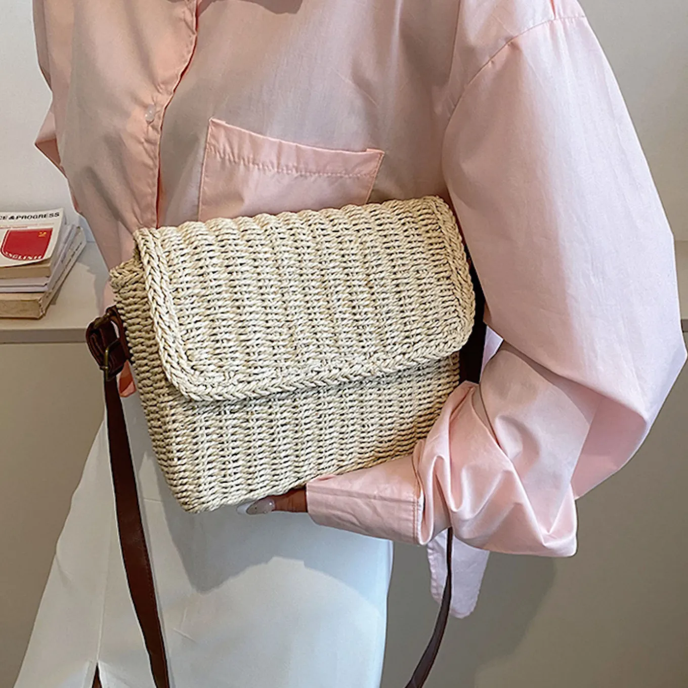 Elena Handbags Straw Woven Messenger Bag with Flap