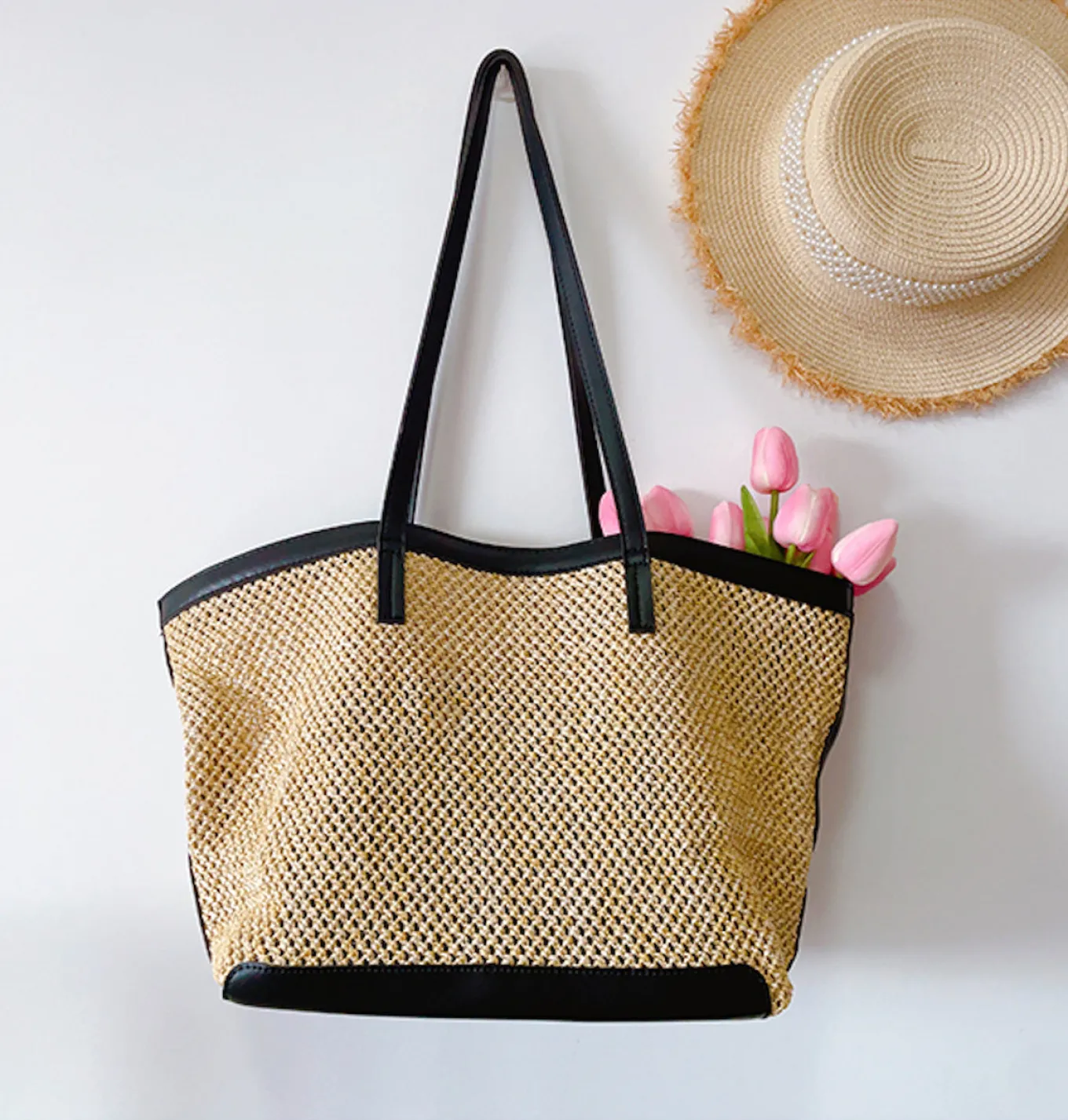 Elena Handbags Straw Woven Tote Bag with Leather Trims