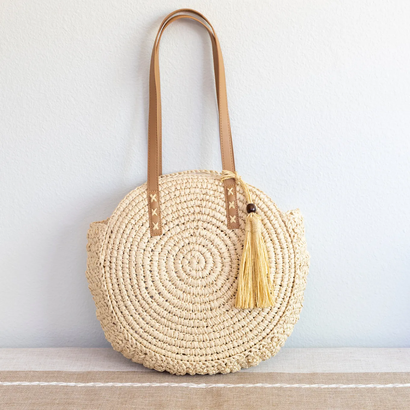Elena Handbags Straw Woven Round Tote with Leather Strap and Tassel