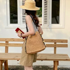 Elena Handbags Straw Woven Tote with Leather Straps