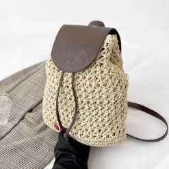 Elena Handbags Straw Woven Backpack with Leather Strap and Flap