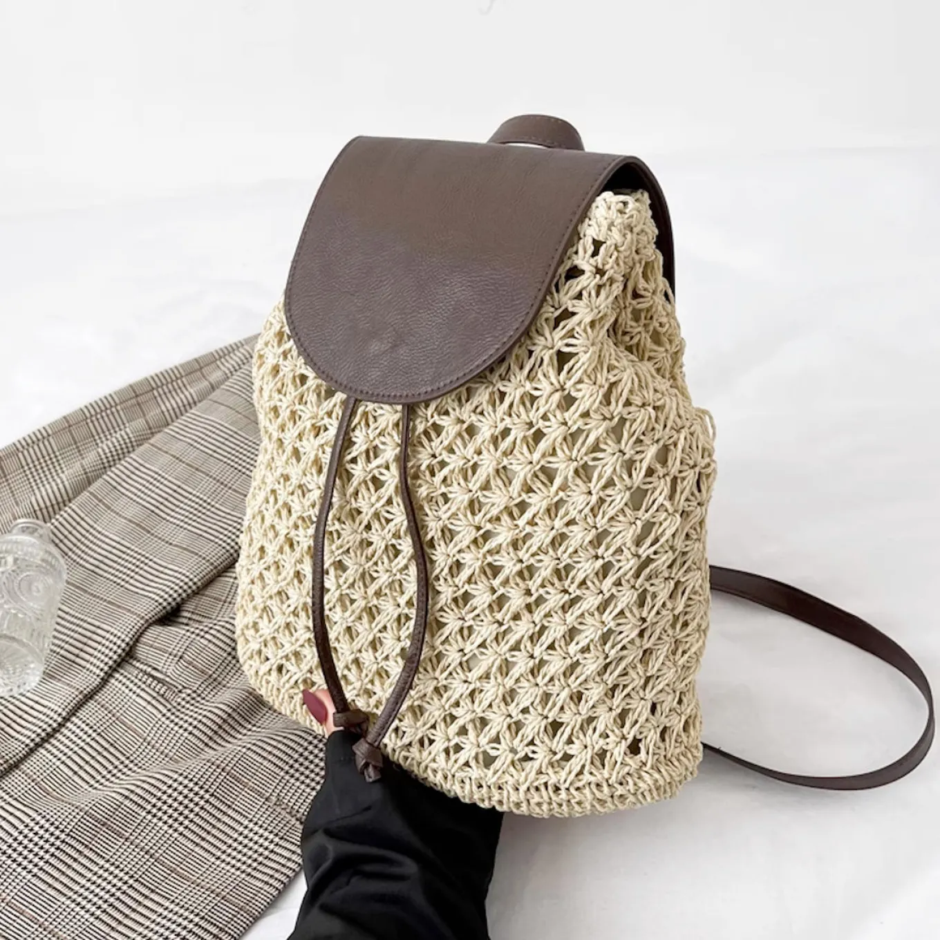 Elena Handbags Straw Woven Backpack with Leather Strap and Flap