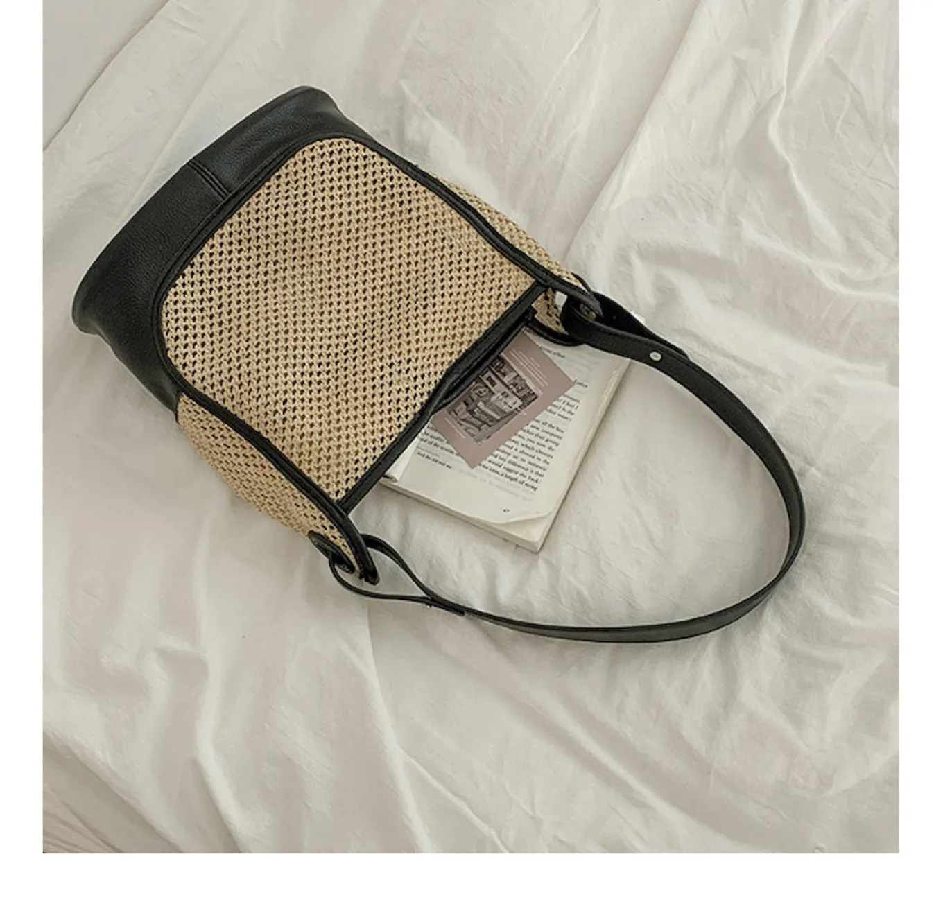 Elena Handbags Straw Woven Work Shoulder Bag with Leather Accent