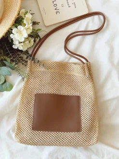 Elena Handbags Straw Woven Shoulder Bag with Leather Accent