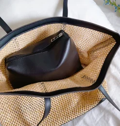 Elena Handbags Straw Woven Tote Bag with Leather Trims