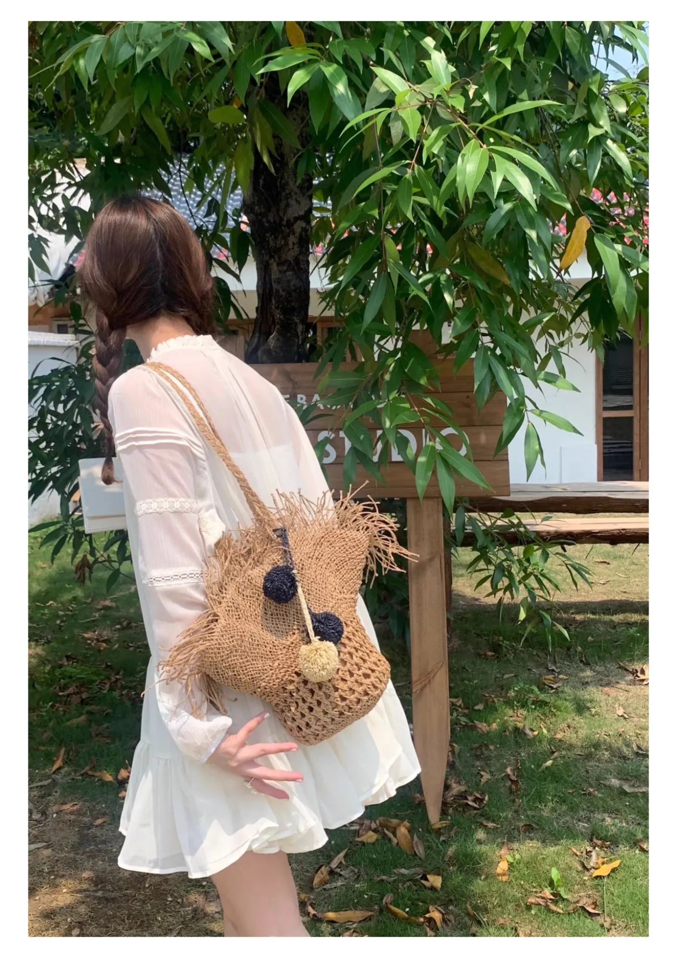 Elena Handbags Straw Woven Hat Shape Tote with Pom Pom