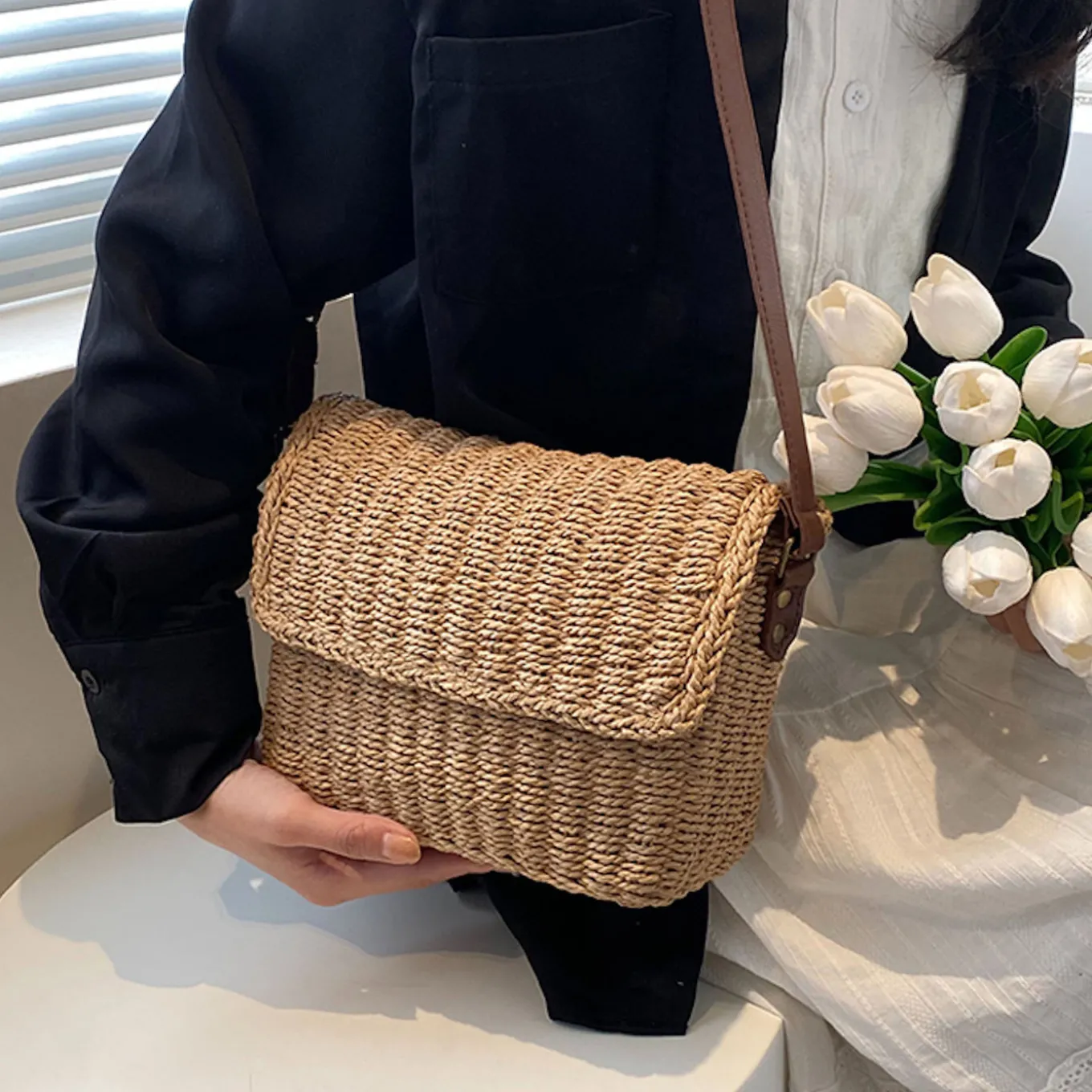 Elena Handbags Straw Woven Messenger Bag with Flap