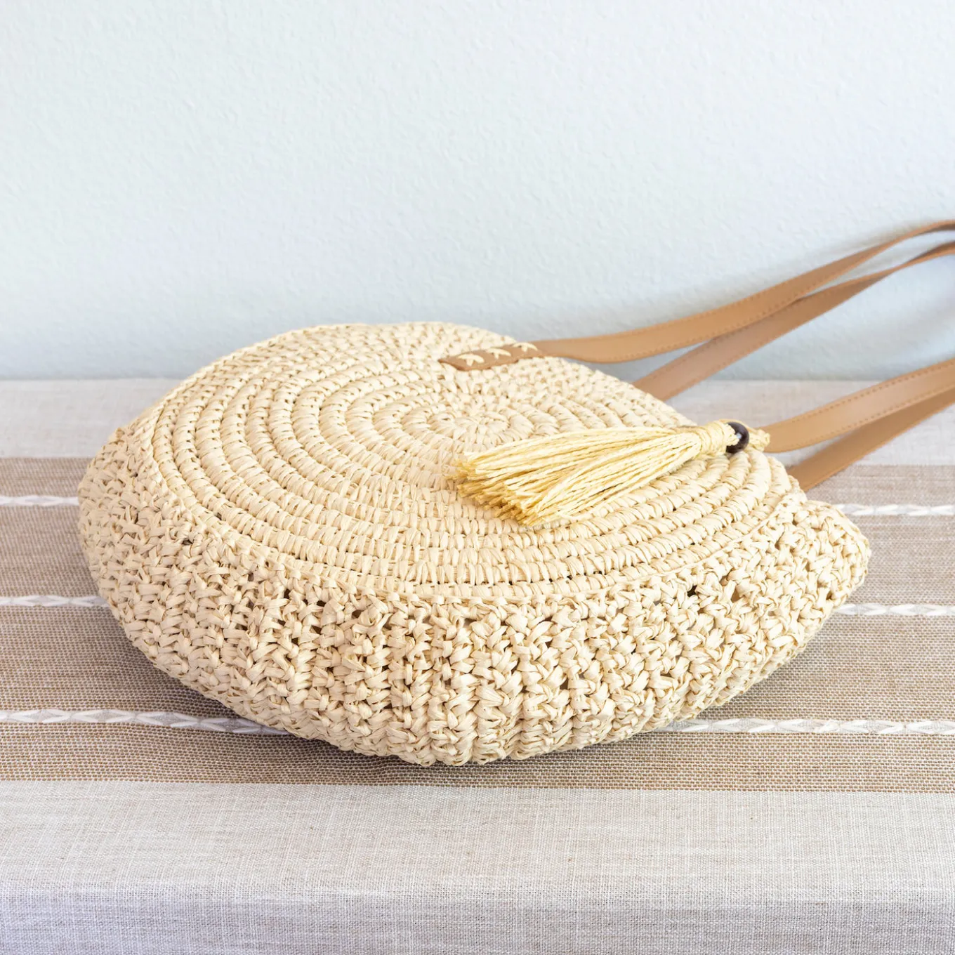 Elena Handbags Straw Woven Round Tote with Leather Strap and Tassel