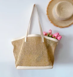 Elena Handbags Straw Woven Tote Bag with Leather Trims