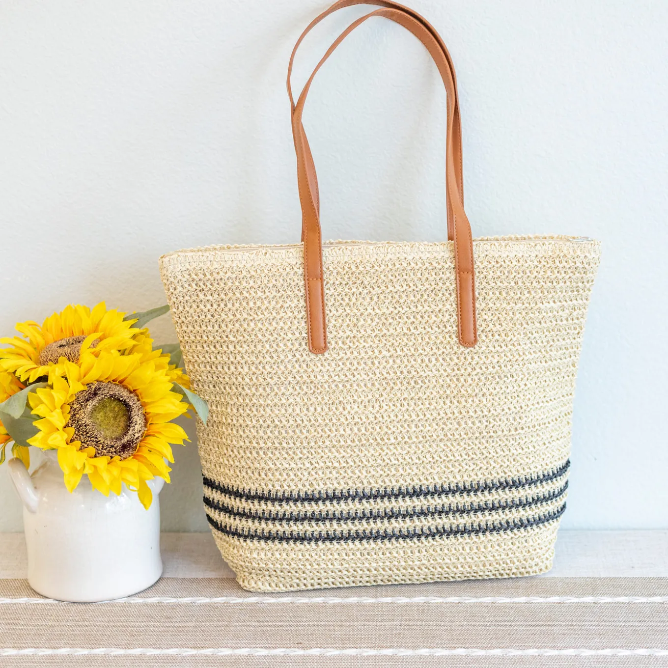 Elena Handbags Striped Large Straw Woven Tote