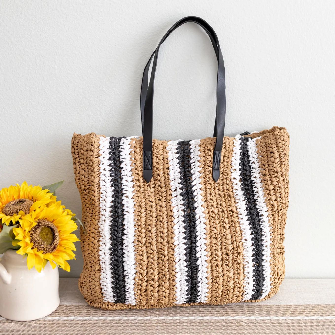 Elena Handbags Striped Large Straw Woven Tote