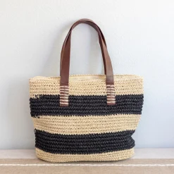 Elena Handbags Striped Large Straw Summer Tote Fashion Handbag with Wide Straps