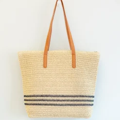 Elena Handbags Striped Large Straw Woven Tote
