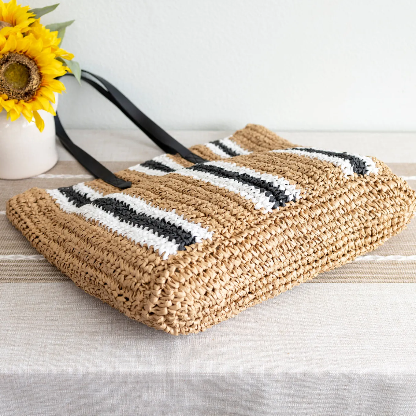 Elena Handbags Striped Large Straw Woven Tote