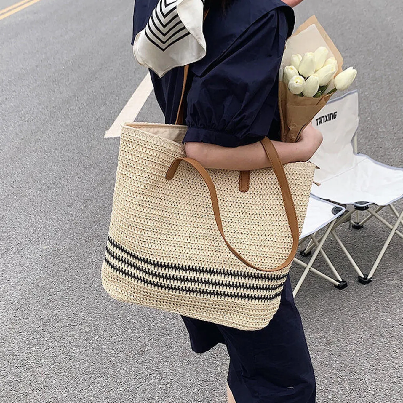 Elena Handbags Striped Large Straw Woven Tote