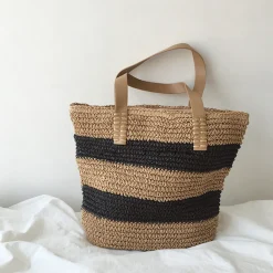 Elena Handbags Striped Straw Woven Tote Bag