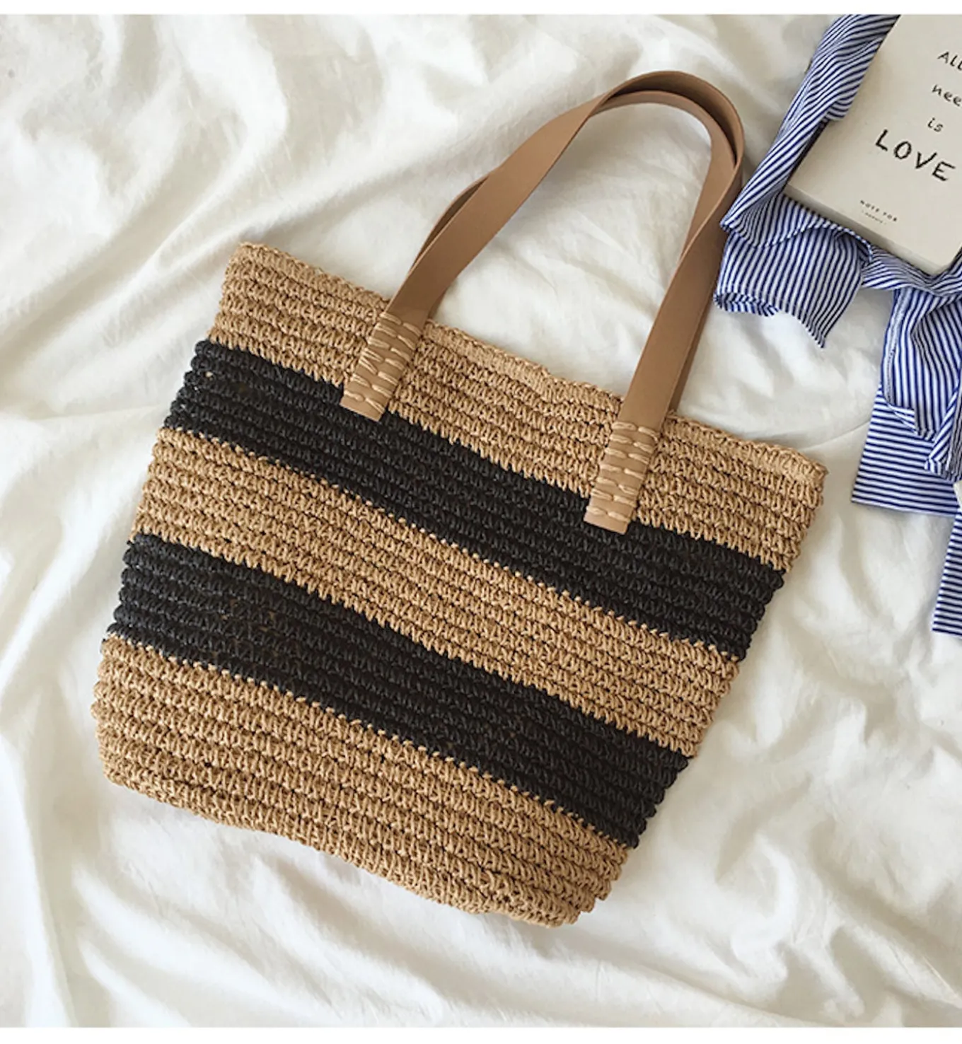 Elena Handbags Striped Straw Woven Tote Bag