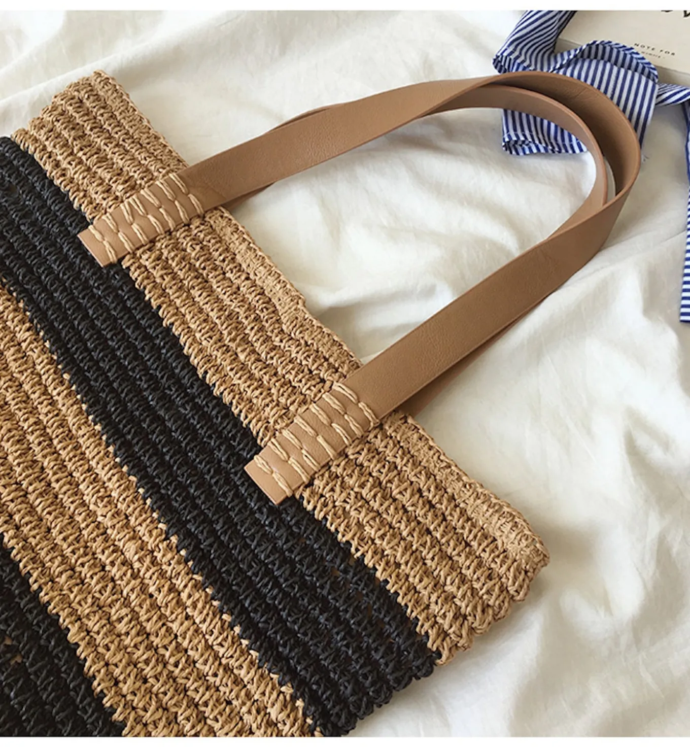 Elena Handbags Striped Straw Woven Tote Bag