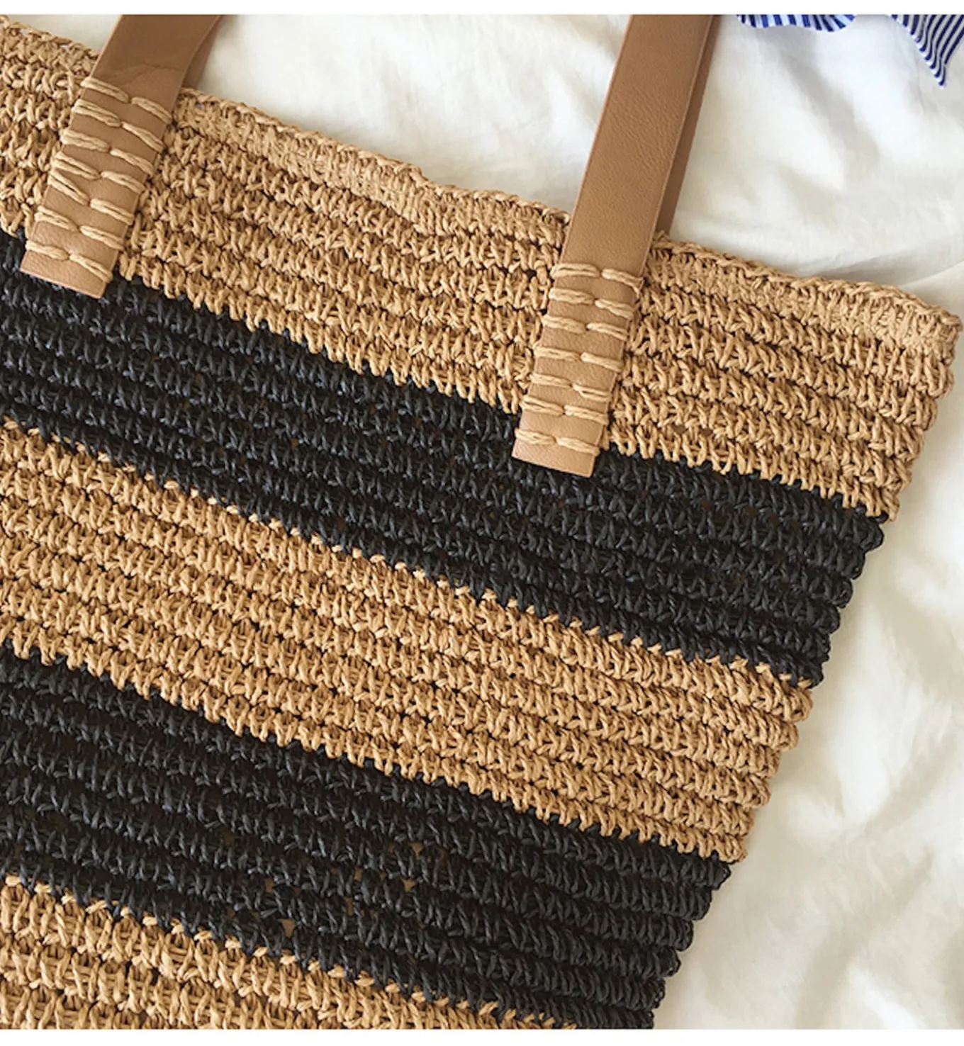 Elena Handbags Striped Straw Woven Tote Bag