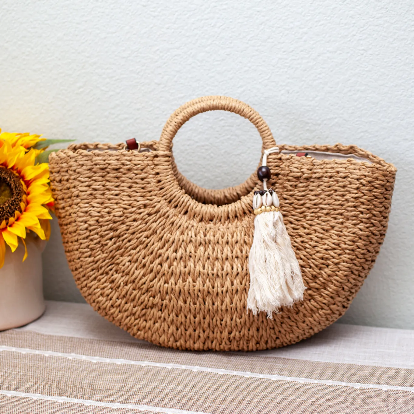 Elena Handbags Summer Beach Straw Basket with Tassle