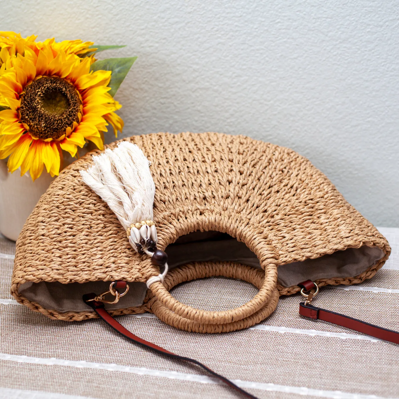Elena Handbags Summer Beach Straw Basket with Tassle