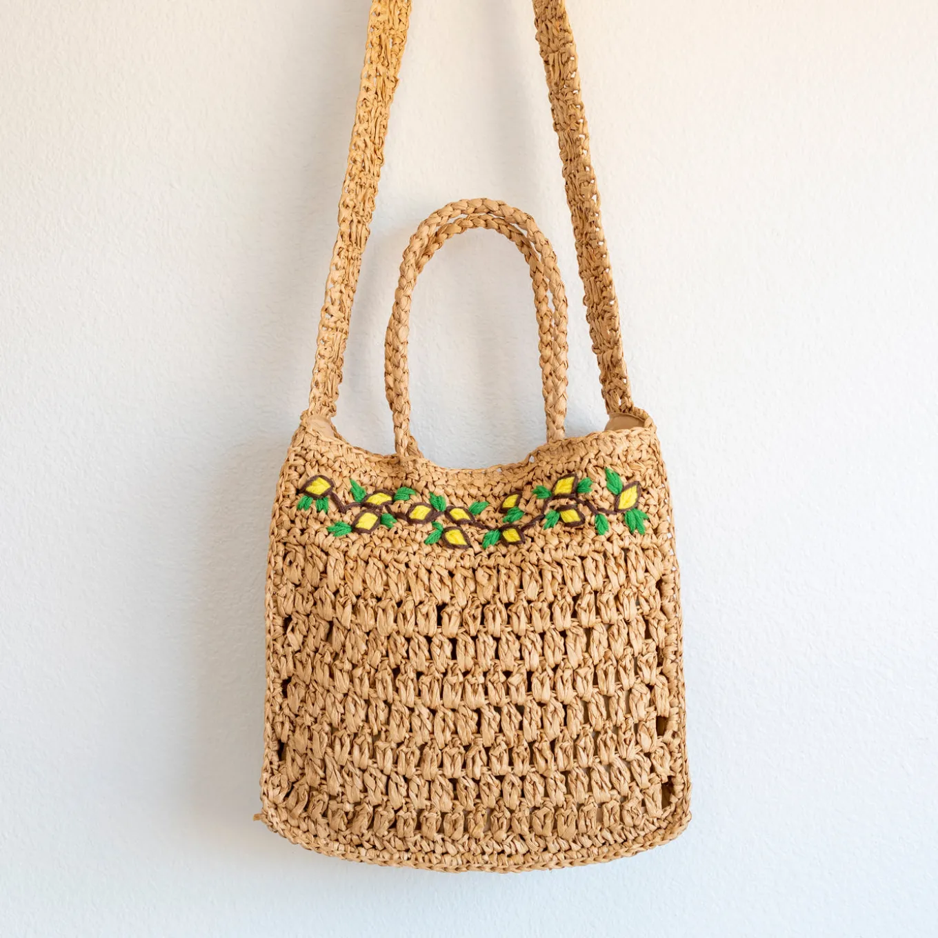 Elena Handbags Summer Floral Straw Shoulder Bag with Long Strap