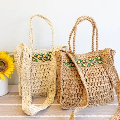 Elena Handbags Summer Floral Straw Shoulder Bag with Long Strap