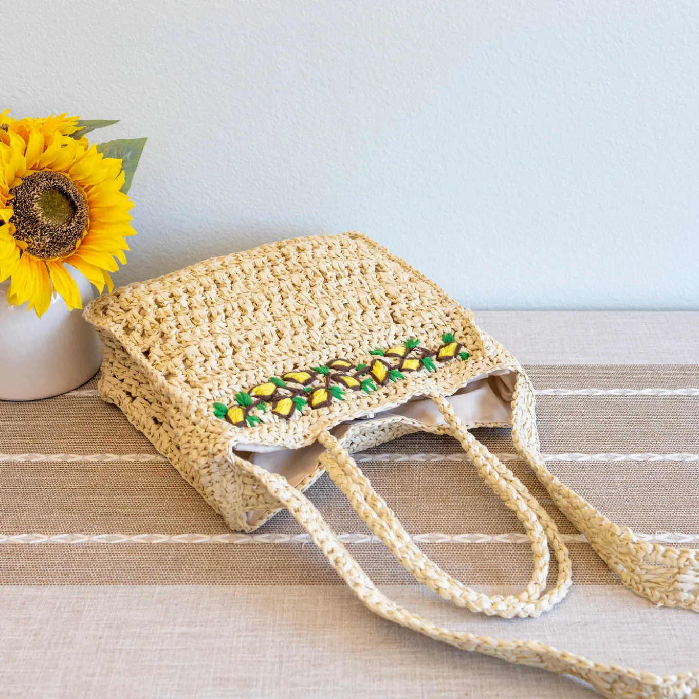 Elena Handbags Summer Floral Straw Shoulder Bag with Long Strap