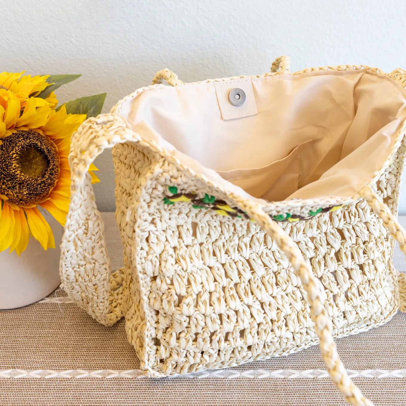 Elena Handbags Summer Floral Straw Shoulder Bag with Long Strap