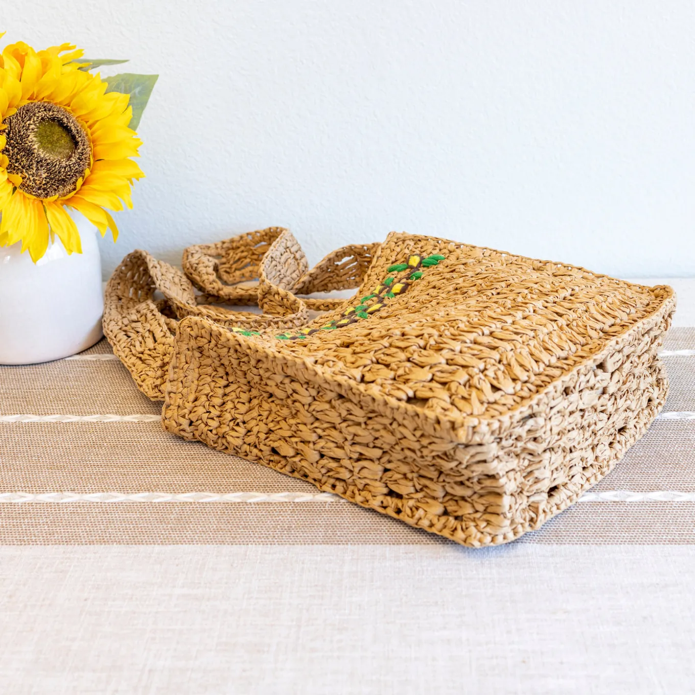 Elena Handbags Summer Floral Straw Shoulder Bag with Long Strap