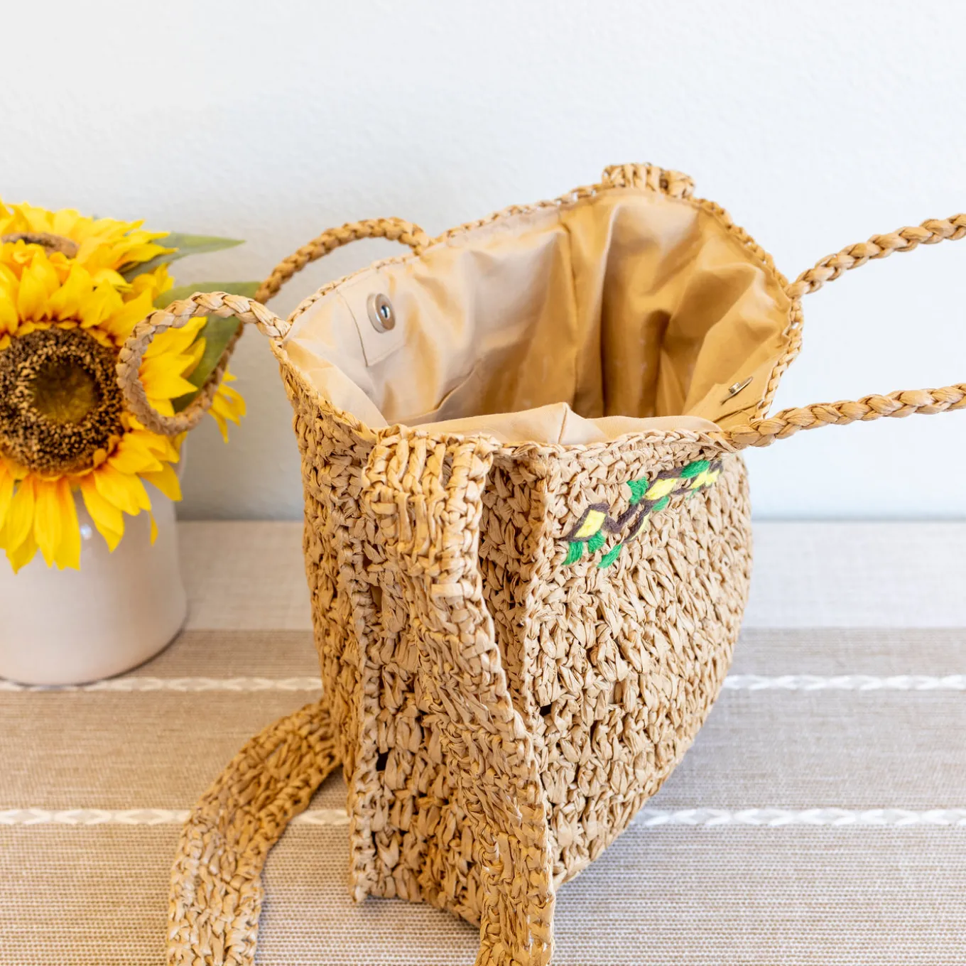 Elena Handbags Summer Floral Straw Shoulder Bag with Long Strap